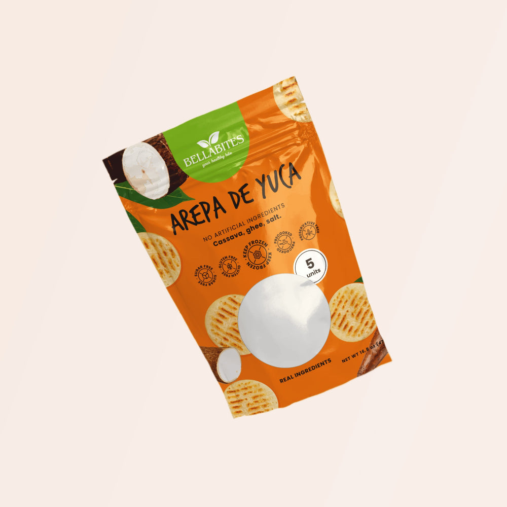 Packaging of Arepa de Yuca with Bellabites branding on a light beige background